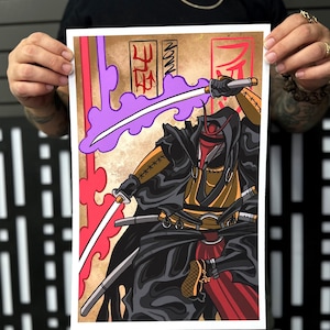 May include: A digital illustration of a Mandalorian warrior in a black and red samurai outfit, wielding a purple lightsaber. The background is a brown and red Japanese-style design with kanji characters.