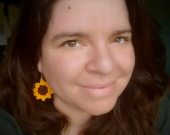 Sunflower Earrings, Handmade Sunflower Earrings, Sunflower Jewelry, Crocheted Sunflower