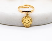 Coco Gold ring 16K gold brass adjustable ring, death head pendant vermeil
