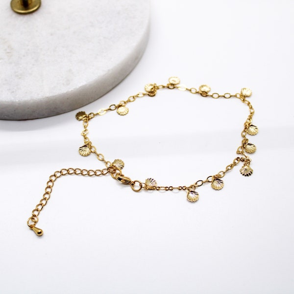 Bracelet de Cheville Ajustable Coquillages : chaîne fantaisie laiton doré 16K, mini coquillages