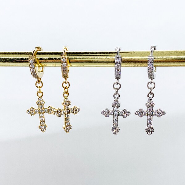 Golden or Silver Cross Creoles: mini Creoles in gilded or rhodium-plated brass, cube zircons cross pendant