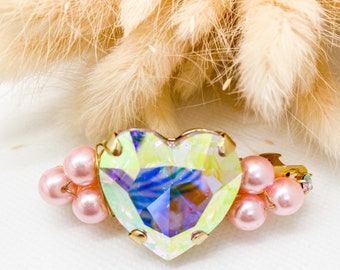 Barrette Coeur Cristal et Perles Roses : barrette dorée à l’or fin, grand coeur Cristal Aurora AB, perles de verre roses