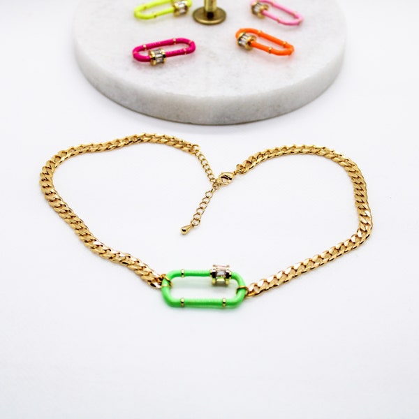 Ras de Cou Neon necklace: adjustable 16K golden brass gourmet chain, colored enamel carabiner and cubic zircon