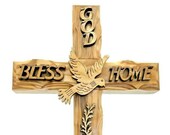 Hand carved Holy Spirit with God bless our home Olive Wood Wall Hanging Cross 20cm from Jerusalem, The Holy land Please read description