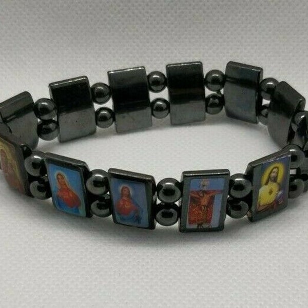 Hematite Natural Stone Magnetic all Saints, Mary & Jesus Elasticated Bracelet