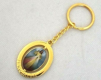 Divine Mercy Golden Keyring, Rotating Centre, engraved Jerusalem. from Holy Land