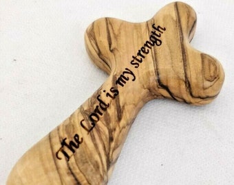 The Lord is my strength //  Engraved on Olive Wood Comfort Prayer Cross