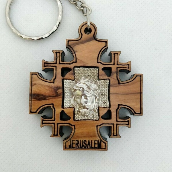 Hand Made Olive Wood Jerusalem Cross, Silver Jesus Face Key ring