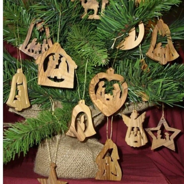 Brand New Olive Wood Christmas Tree Ornament Decorations , Set of 10 Pieces / made in Bethlehem , The Holy Land