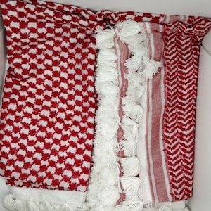 Authentic, Original, Genuine and Hand made Real 100 Percent Cotton Guaranteed Red & White Palestinian / Jordanian Shemagh scarf image 3
