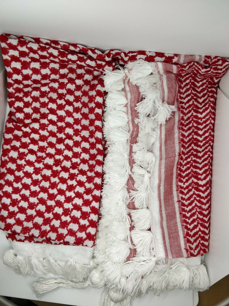 Authentic, Original, Genuine and Hand made Real 100 Percent Cotton Guaranteed Red & White Palestinian / Jordanian Shemagh scarf image 3