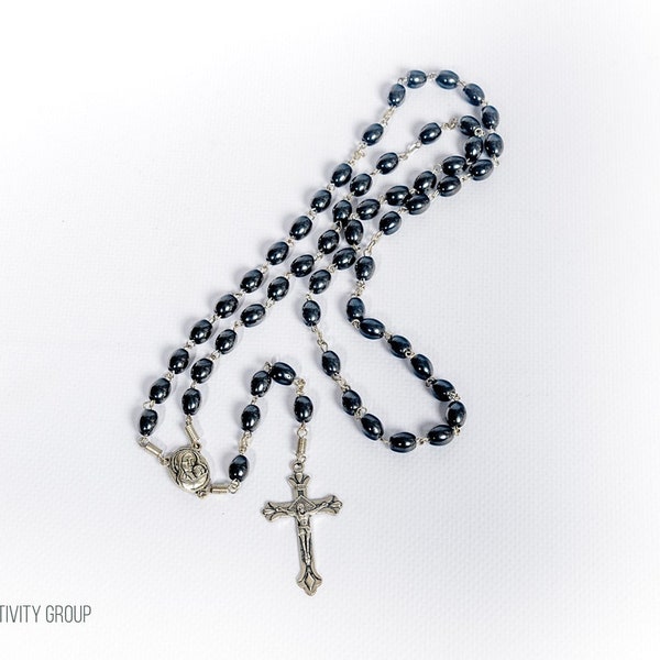 Stunning Hematite Natural Solid Stone Oval Rosary Beads From Jerusalem,The Holy Land with FREE ROSARY BOX and Booklet Card