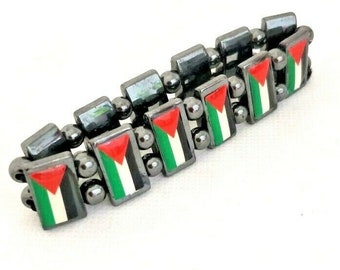 Natural Hematite Stone Magnetic Palestinian Flag Elastic Bracelet