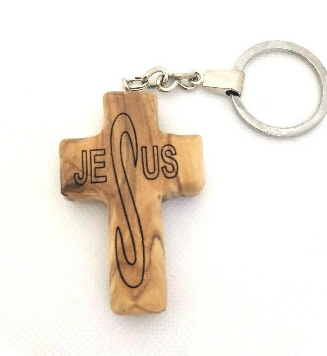 Jesus Name Engraved on Olive Wood Cross Key Chain Blessings From Jerusalem. Etsy Australia