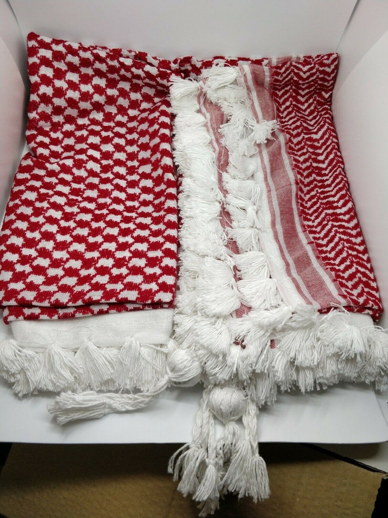 Authentic, Original, Genuine and Hand made Real 100 Percent Cotton Guaranteed Red & White Palestinian / Jordanian Shemagh scarf image 4