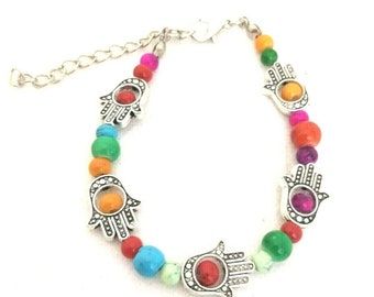 Handmade Elasticated Colourful Hamza Hand Adjustable Zinc Clasp Hand Bracelet