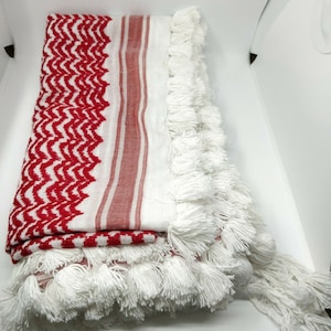 Authentic, Original, Genuine and Hand made Real 100 Percent Cotton Guaranteed Red & White Palestinian / Jordanian Shemagh scarf image 1