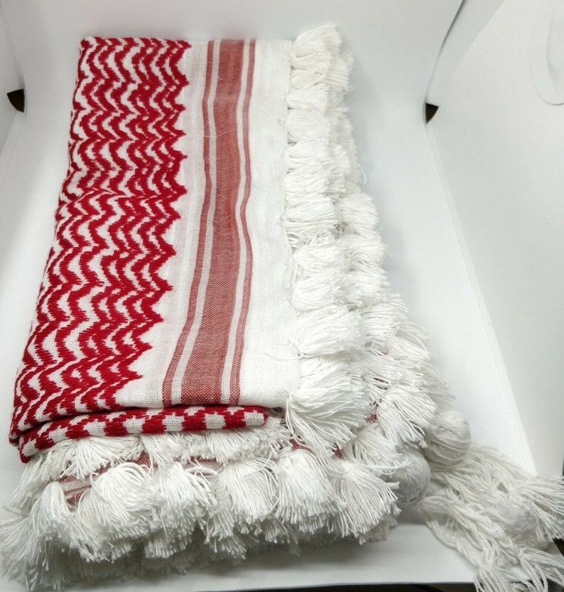 Authentic, Original, Genuine and Hand made Real 100 Percent Cotton Guaranteed Red & White Palestinian / Jordanian Shemagh scarf image 1