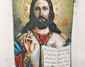 Jesus Christ Tapestry Bag or Purse, with a zip and handle/ Great for a Rosary or Bible little bag