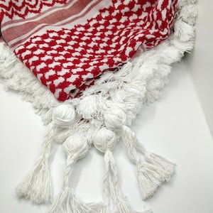 Authentic, Original, Genuine and Hand made Real 100 Percent Cotton Guaranteed Red & White Palestinian / Jordanian Shemagh scarf image 2