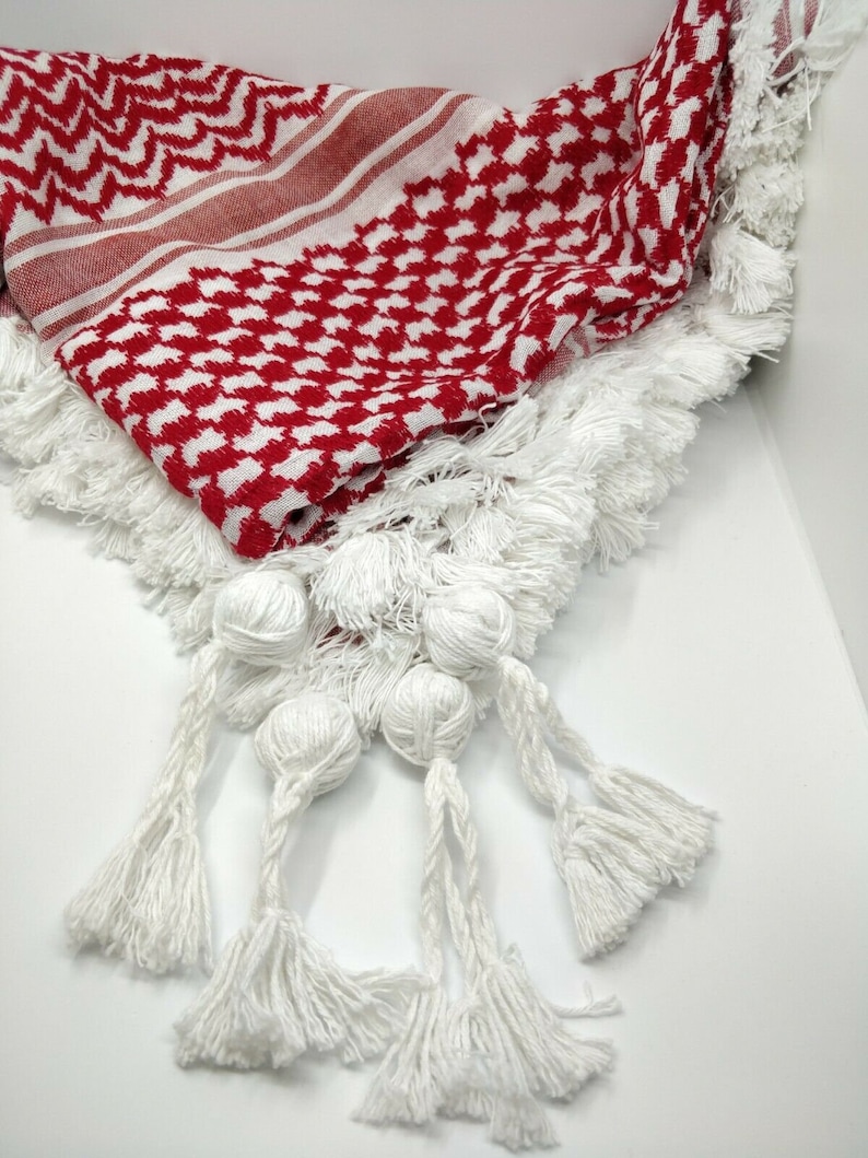 Authentic, Original, Genuine and Hand made Real 100 Percent Cotton Guaranteed Red & White Palestinian / Jordanian Shemagh scarf image 2