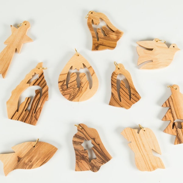Set of 10 Hand Made Olive Wood Christmas Tree Ornaments Decoration Made in Bethlehem, the Holy Land