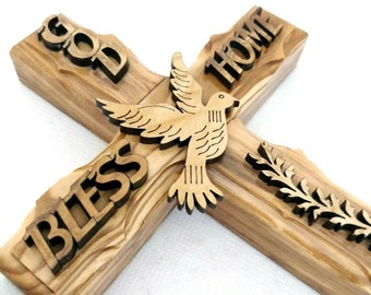 Hand carved Holy Spirit with God bless our home Olive Wood Wall Hanging Cross 20cm from Jerusalem, The Holy land / Please read description