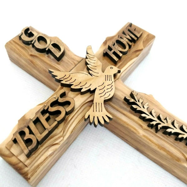 Hand carved Holy Spirit with God bless our home Olive Wood Wall Hanging Cross 20cm from Jerusalem, The Holy land / Please read description