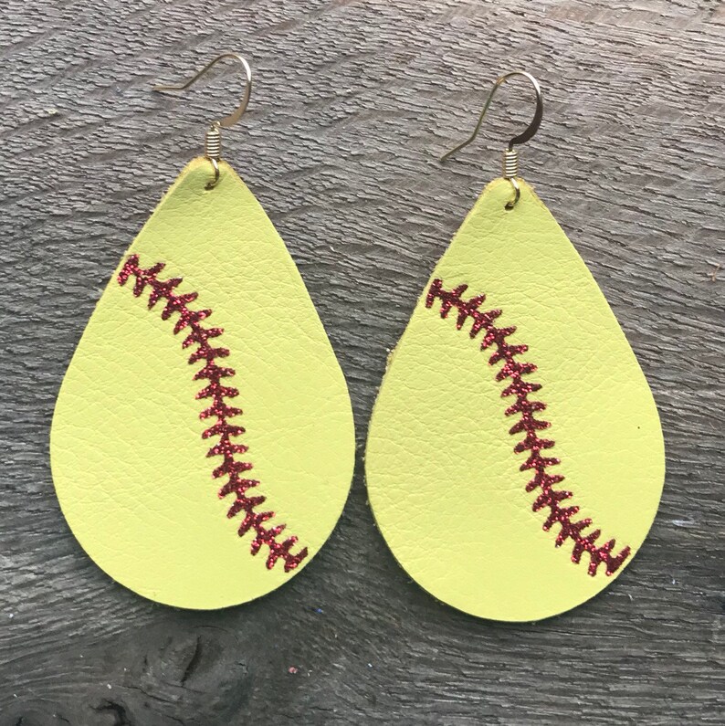 Softball Teardrop Leather Earrings. Etsy