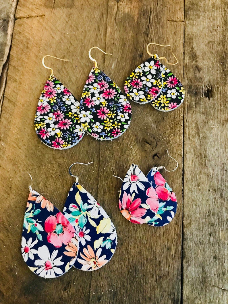 Wildflower Floral Teardrop Leather Earrings.