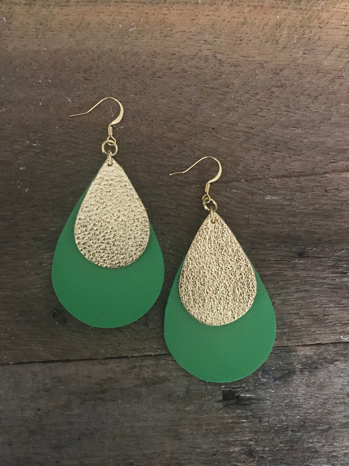 Double Layered Leather Teardrop Shaped Earrings in Green and Etsy
