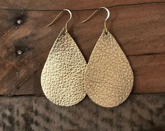 Gold Teardrop Leather Earrings