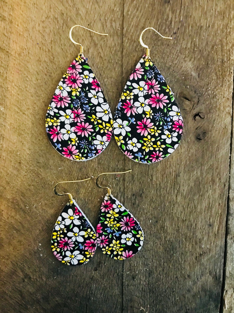 Wildflower Floral Teardrop Leather Earrings.