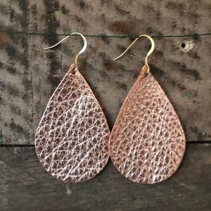 Rose Gold Metallic Teardrop Leather Earrings