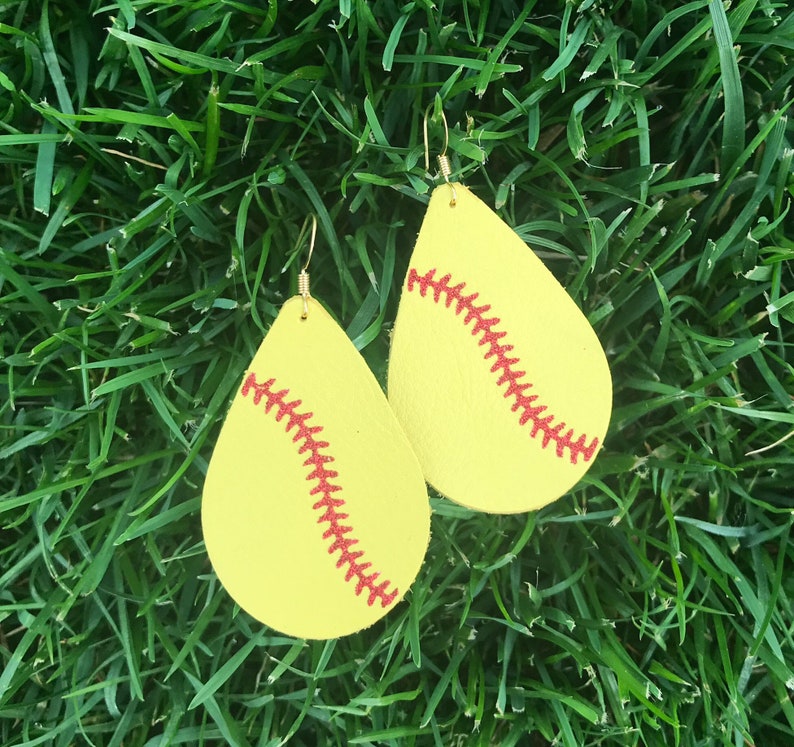Softball Teardrop Leather Earrings. Etsy
