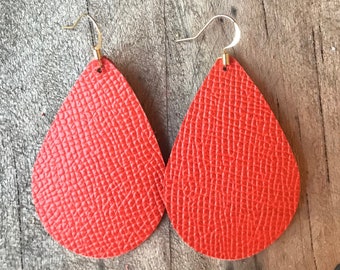 Tangerine Orange Saffiano Teardrop Leather Earrings