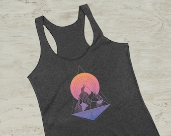 Camiseta de tirantes de tres piezas con estampado geométrico de montaña, lago y atardecer