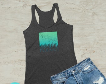 Northern Lights Mountain Tree Silhouette Graphic Screen Print Tri-Blend Tank