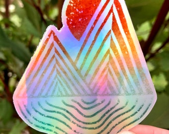 Pegatina holográfica de puesta de sol en el lago de montaña al aire libre en Idaho, Idafornia, 3 x 2,65 pulgadas