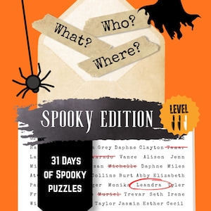 Pode incluir: Uma capa de livro de quebra-cabeça de mistério de assassinato laranja intitulada 31 Days of Spooky Puzzles por Adaline Graves. Apresenta um envelope creme, um fantasma preto, uma aranha e fitas adesivas com o texto What?, Who? e Where?. Uma lista de nomes é visível.