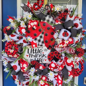 Ladybug Wreath: Spring Summer Door Decor with Daisies, Porch Decor, Welcome friends and family