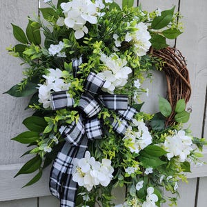 White Hydrangea Wreath: Farmhouse Grapevine, Black Plaid Bow