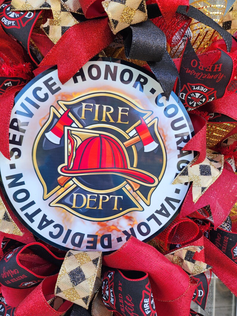 Firefighter Tribute Wreath: Red, Black & Gold Deco Mesh, Fire Dept ...