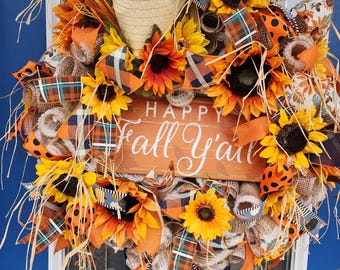 Cowgirl Fall Wreath: Western Decor with Cowboy Hat & Sunflowers