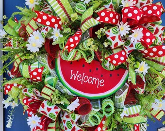 Watermelon Summer Wreath: Handmade Daisy Welcome Sign