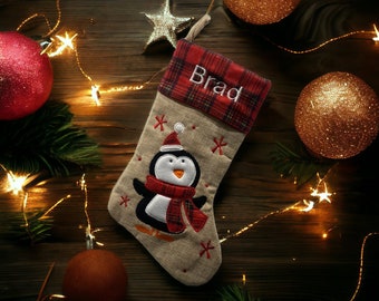 Penguin Christmas Stocking - Embroidered Stocking - Farmhouse Christmas - Plaid Christmas Stocking - Burlap Stocking -Tartan Stocking