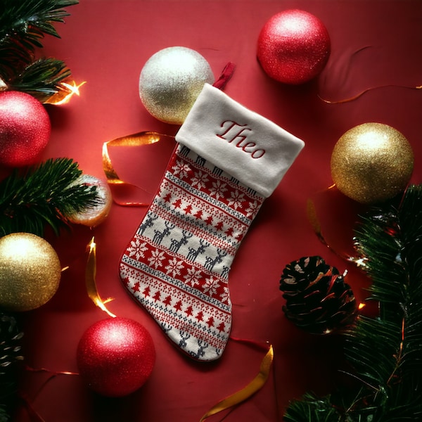 Fairisle Red Stocking - Personalized Christmas Stocking - Reindeer Stocking - Christmas Decor - Kids Christmas Stocking - Monogram Stocki