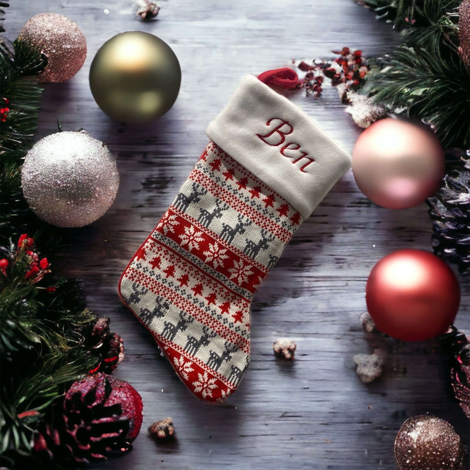 Fairisle Red Stocking - Personalized Christmas Stocking - Reindeer Stocking - Christmas Decor - Kids Christmas Stocking - Monogram Stocki