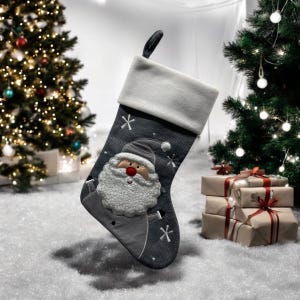 Peut inclure: Une chaussette de Noël grise avec un revers blanc et un visage de Père Noël brodé sur le devant. La chaussette est ornée d'un motif de flocons de neige blancs.