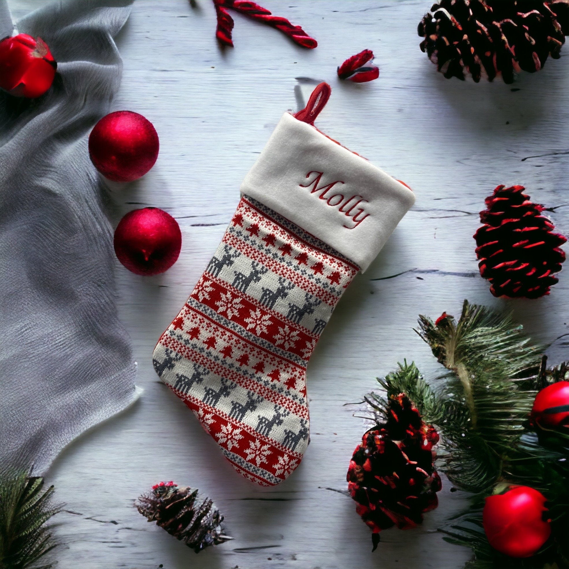 Fairisle Red Stocking - Personalized Christmas Stocking - Reindeer Stocking - Christmas Decor - Kids Christmas Stocking - Monogram Stocki